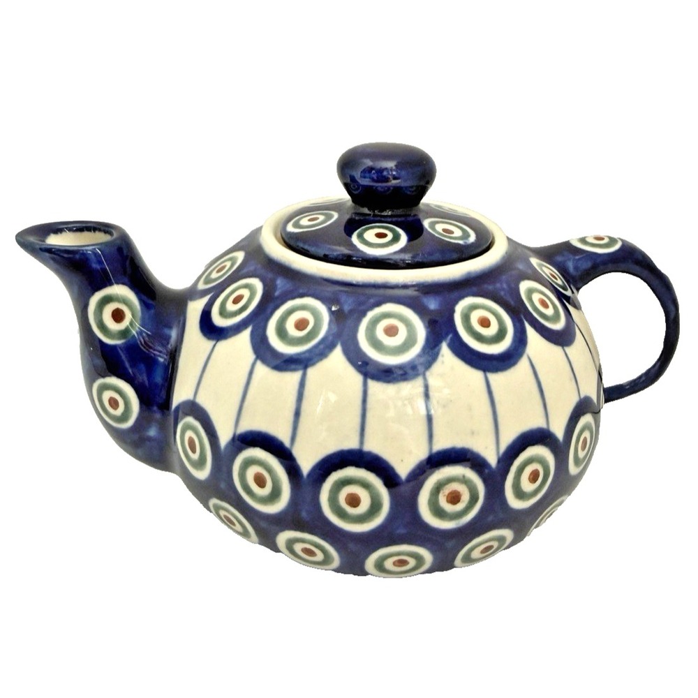 Polish Pottery Boleslawiec Blue Peacock Handmade 2 Cup Tea Pot